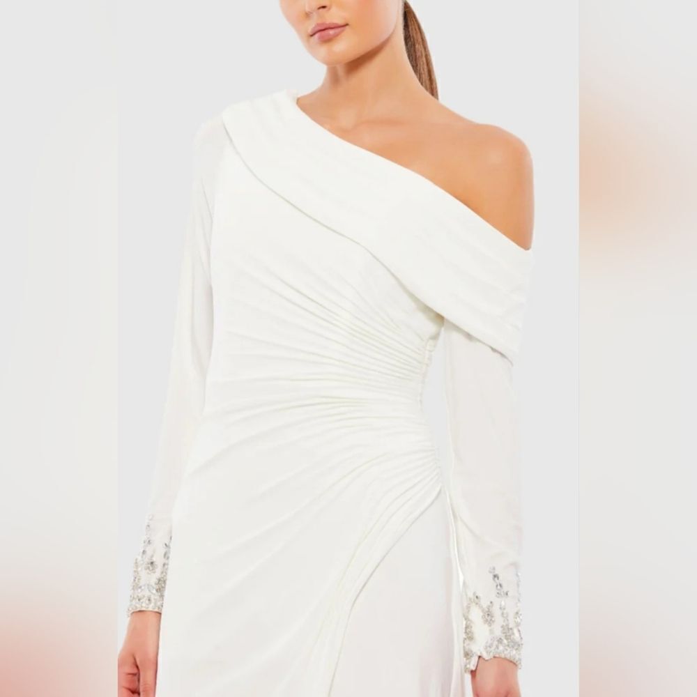 Mac Duggal 26485 Foldover Long Sleeve Jeweled Midi Dress NWT size 4 White - Picture 3 of 7